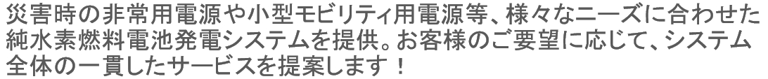 災害時の非常用電源や小型モビリティ用電源等、様々なニーズに合わせた純水素燃料電池発電システムを提供。お客様のご要望に応じて、システム全体の一貫したサービスを提案します！
