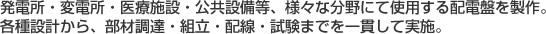 発電所・変電所・医療施設・公共設備等、様々な分野にて使用する配電盤を製作。各種設計から、部材調達・組立・配線・試験までを一貫して実施。